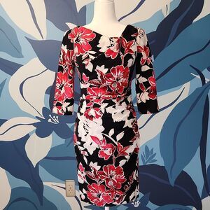 White House Black Market Black & Red Draped-Neck Floral Sheath Dress Size 0